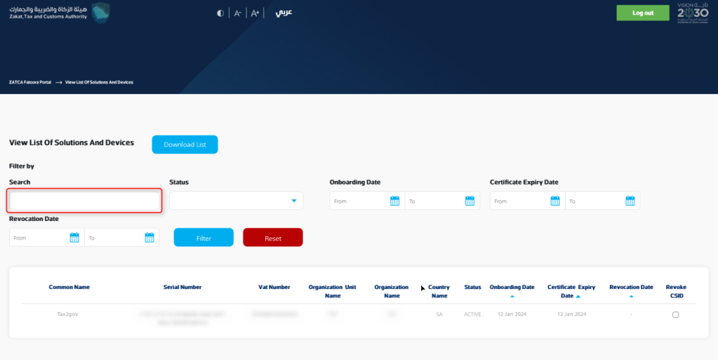 ZATCA onboarding CSID list